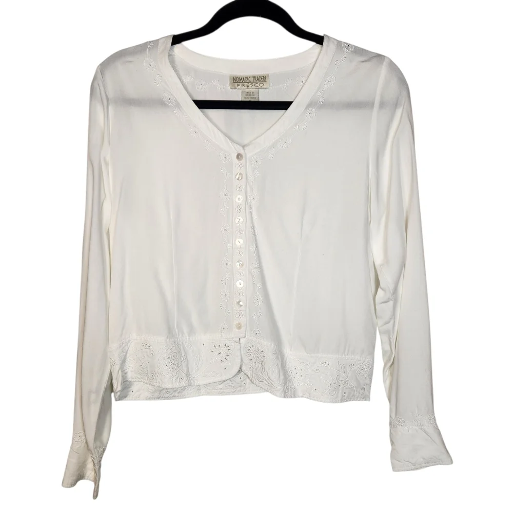 Y2K‎ Top Long Sleeve Cottagecore Fairy White Embroidered Lace Boho Indie Crop S